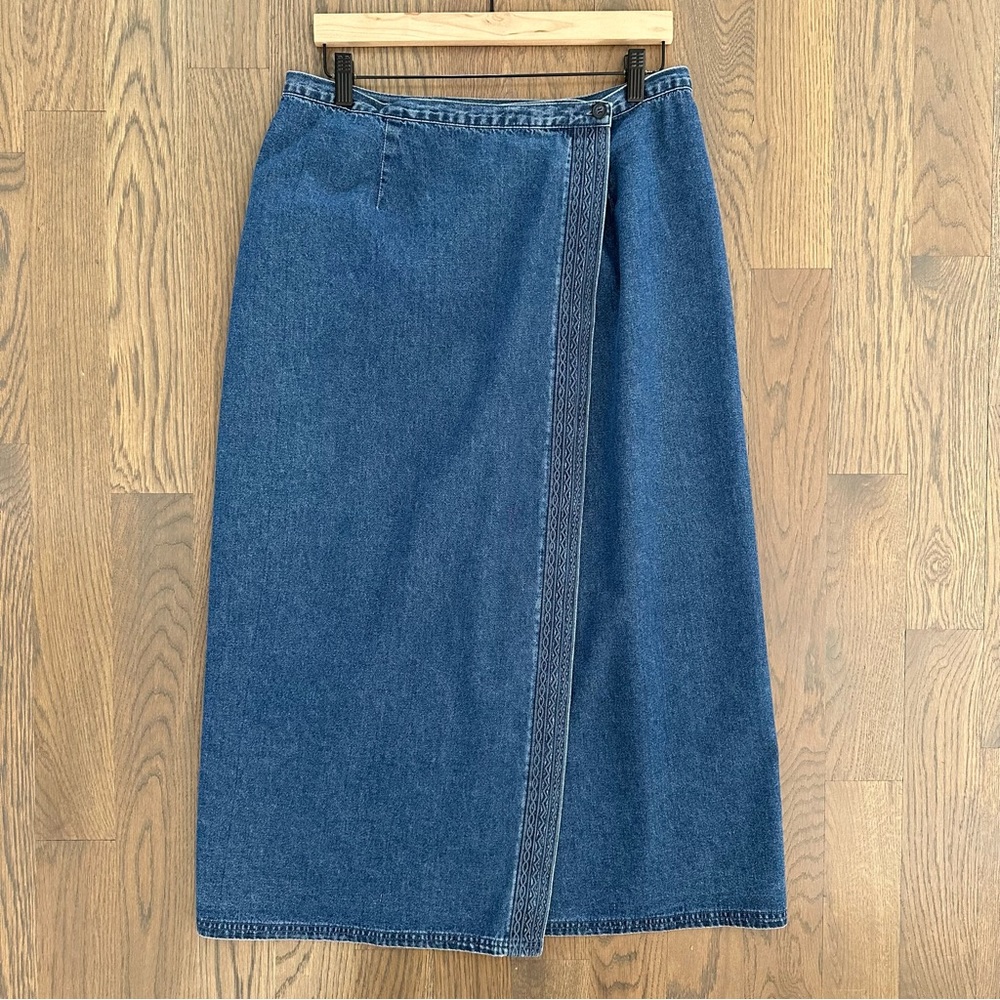 Vintage Talbots Embroidered Chambray Denim Wrap Maxi Skirt in Blue Size Large